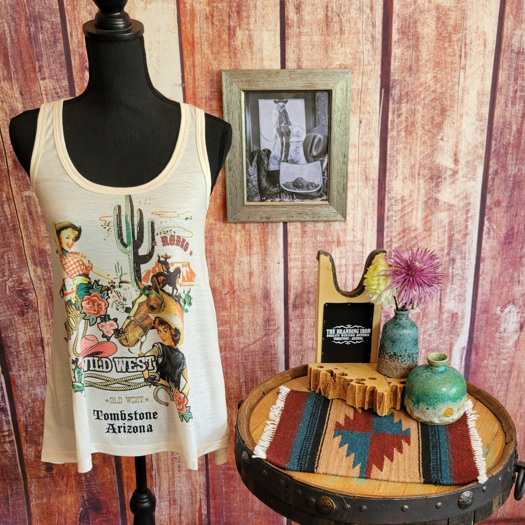 Women’s Vintage Tank Top "Howdy" Front View Howdy Tombstone by Liberty Wear  7526 