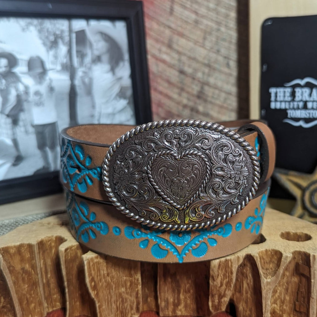 Kids' Turquoise Tooled Leather Belt "Hope" by Justin   C30220 front view
