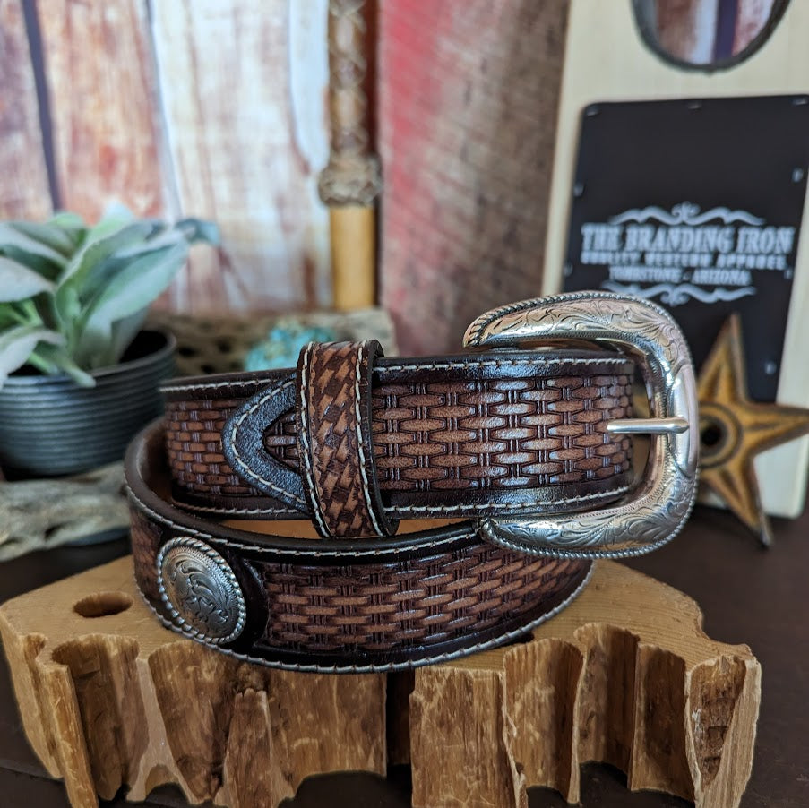Leather Concho Belt the “Brownfield” by Brighton Front View
