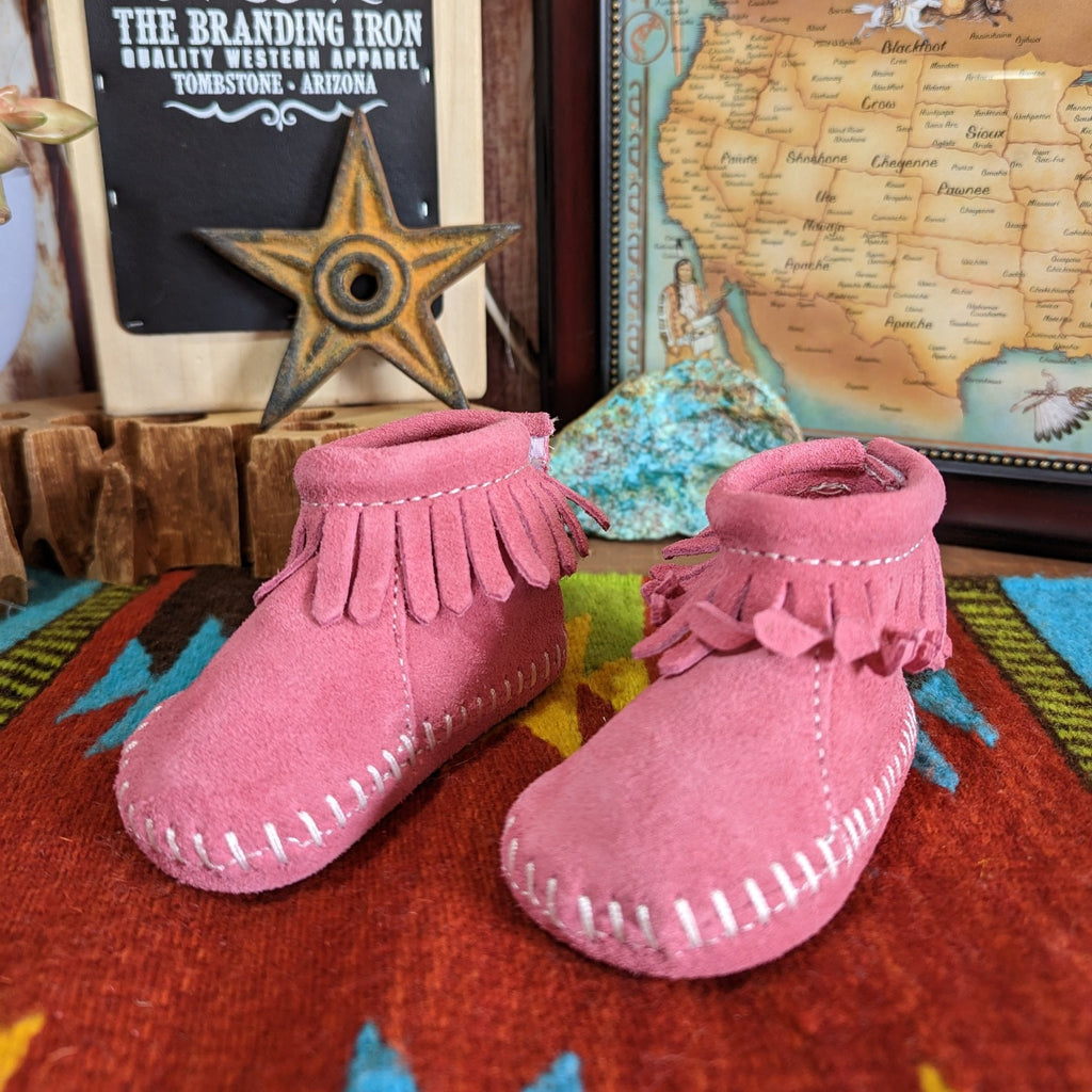 Booties with a "Back Flap" by Minnetonka 1880 pink front view