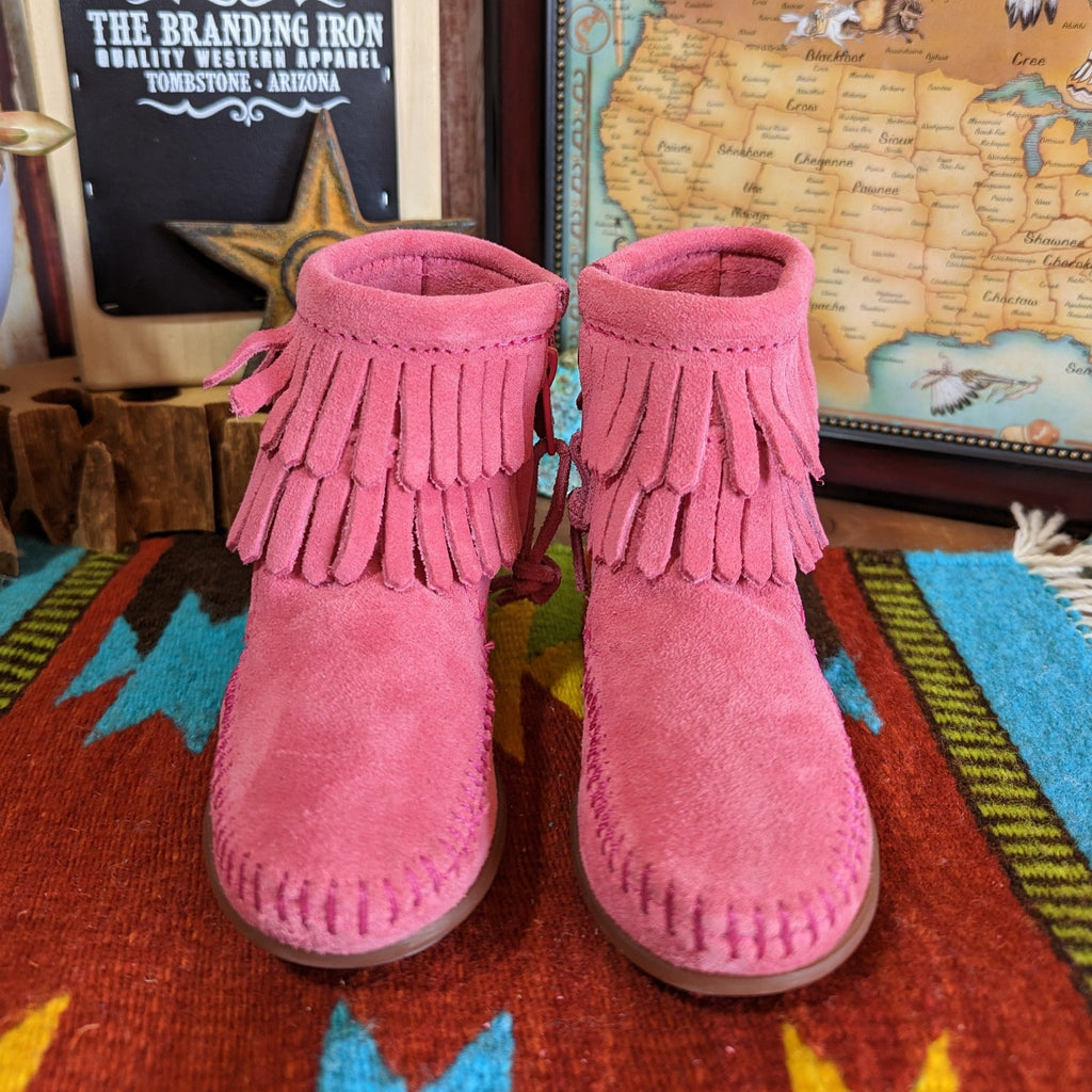 "Double Fringe" Side Zip Boot by Minnetonka 2295 pink front view