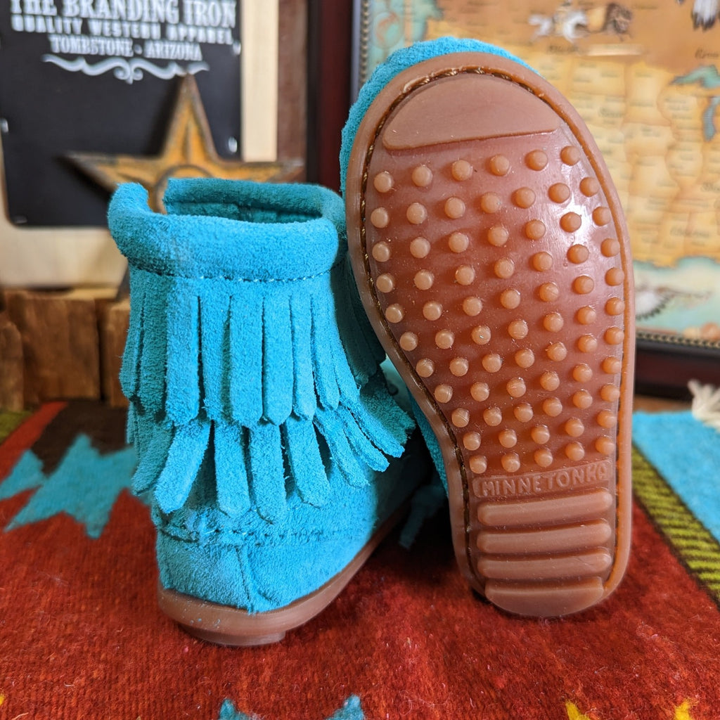 "Double Fringe" Side Zip Boot by Minnetonka 2296 turquoise bottom view