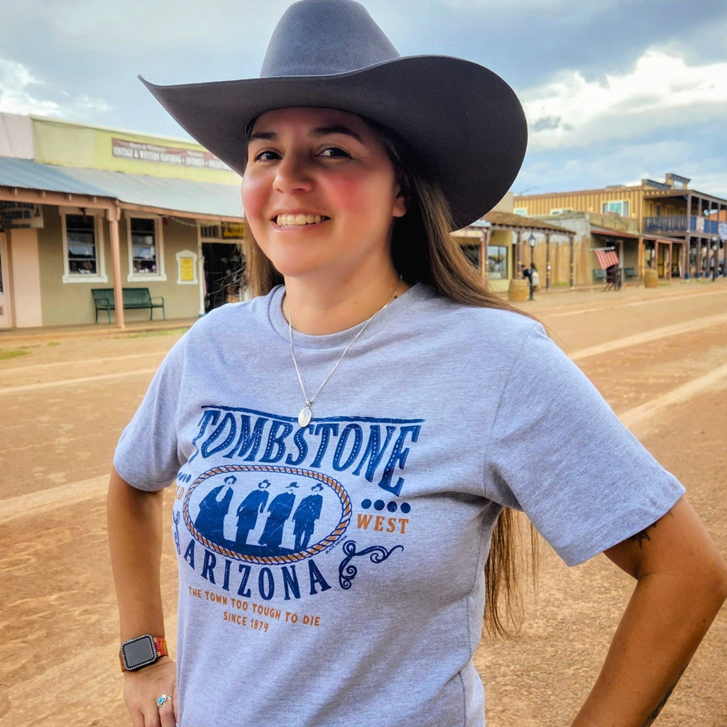 Model wearing Tombstone "Wild West" Arizona  T-Shirts by Lane Seven close up