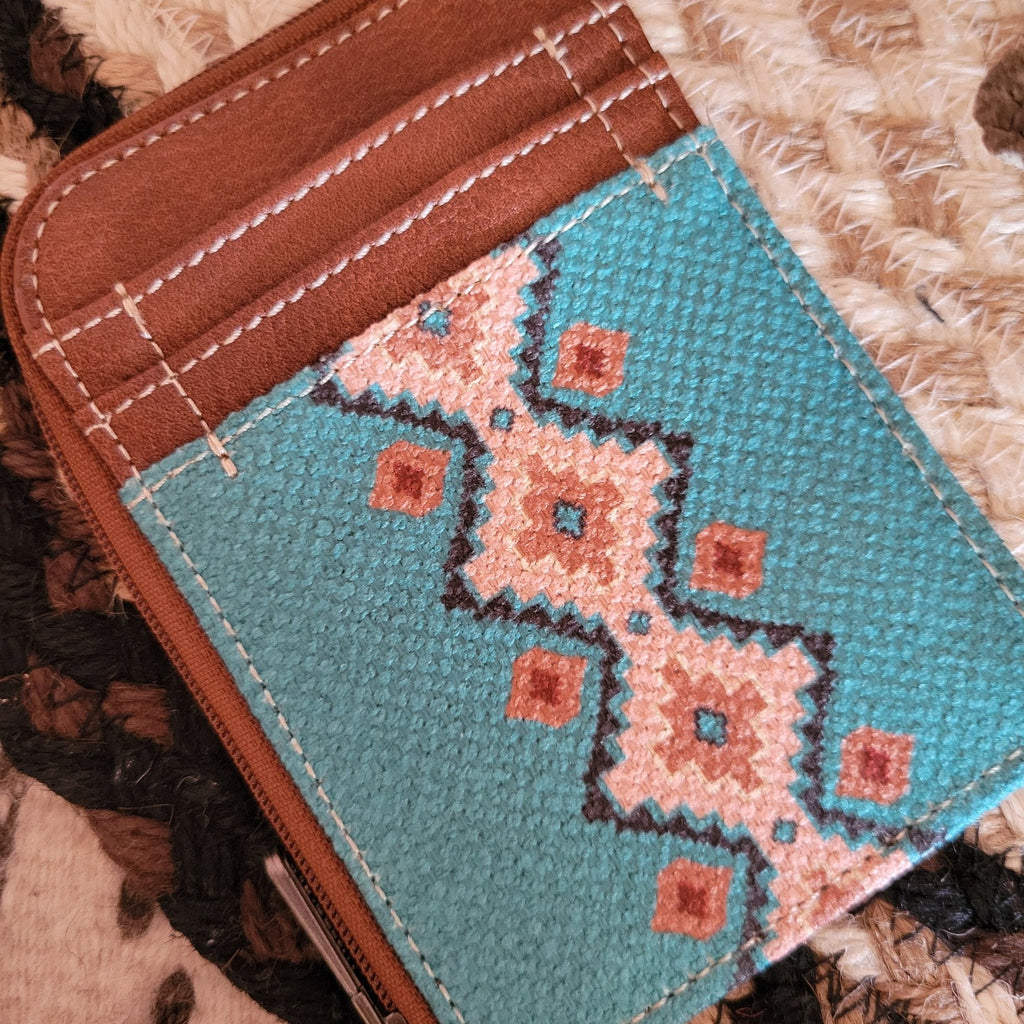 Southwestern Mini Zip Card Case by Wrangler WG2203-W005TQ Detailed View Turquoise 