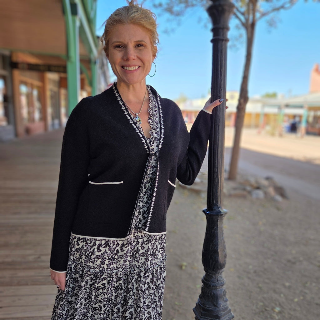 Women's Cardigan "Margo" by Venario Black w/ white details on model  