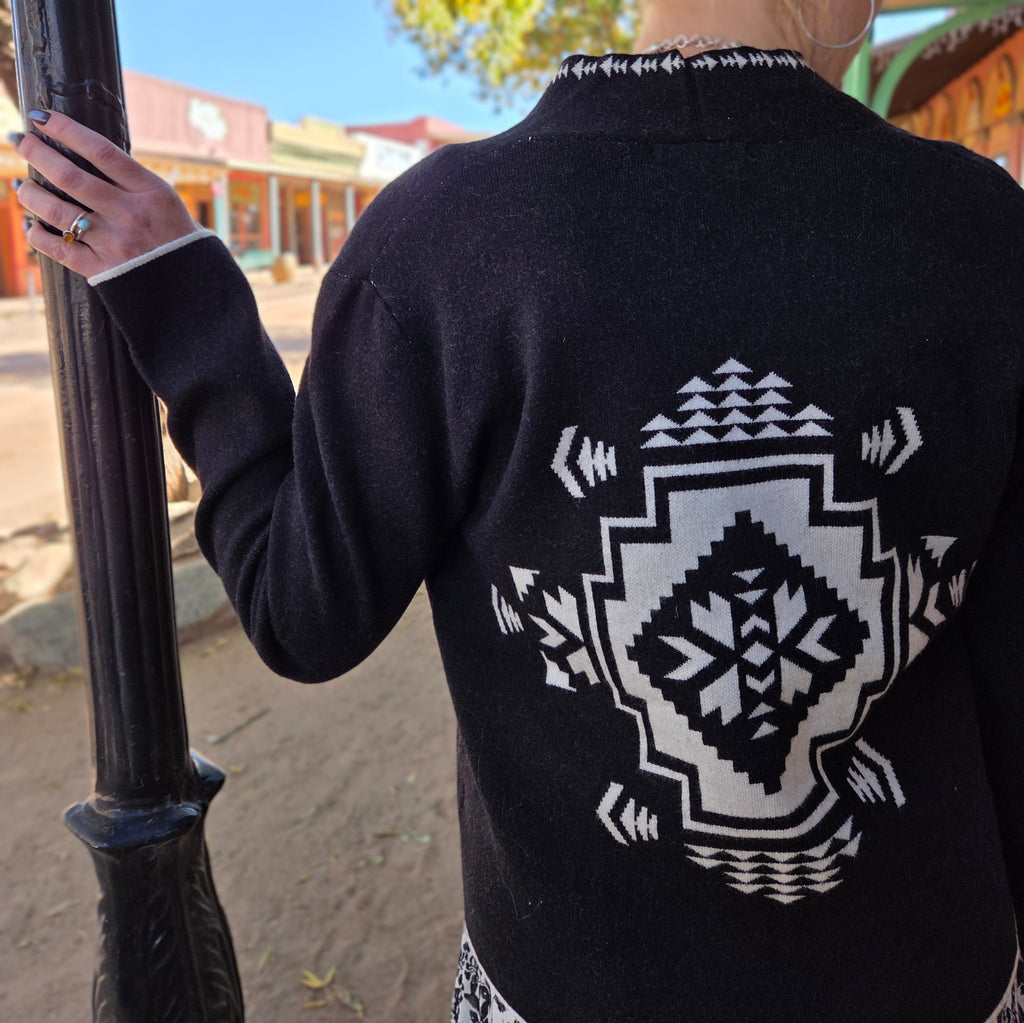 Women's Cardigan "Margo" by Venario Black w/ white geometric details on model  back view