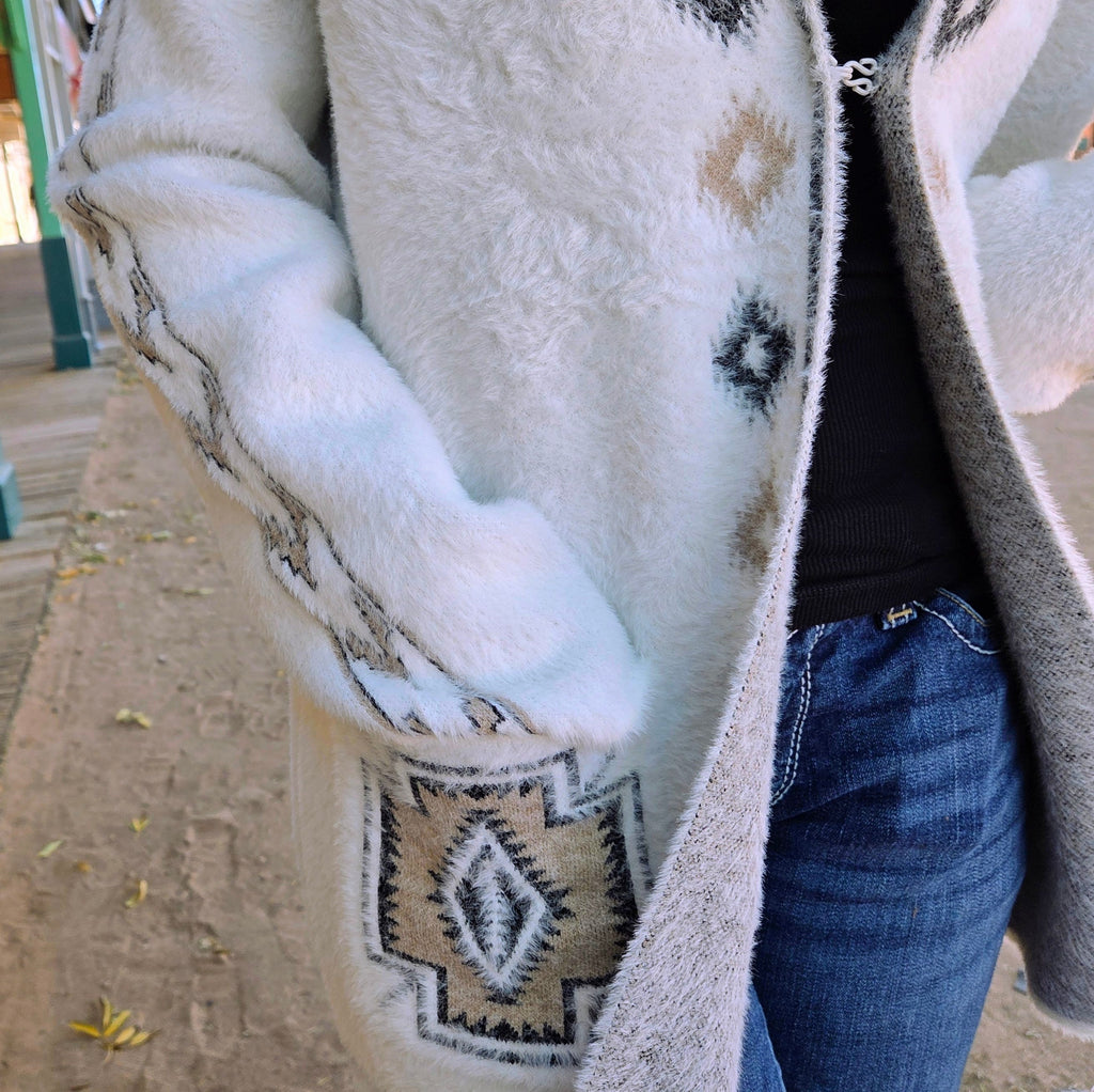 Women's long Cardigan "Francis" White w/tan & black design details front pocket & sleeve focus