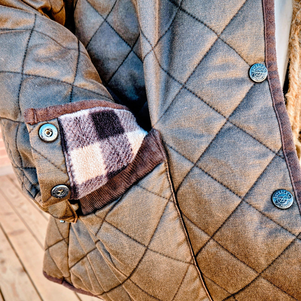 Women's Barn Jacket "Canyonland" by Outback Trading  on model close up pocket