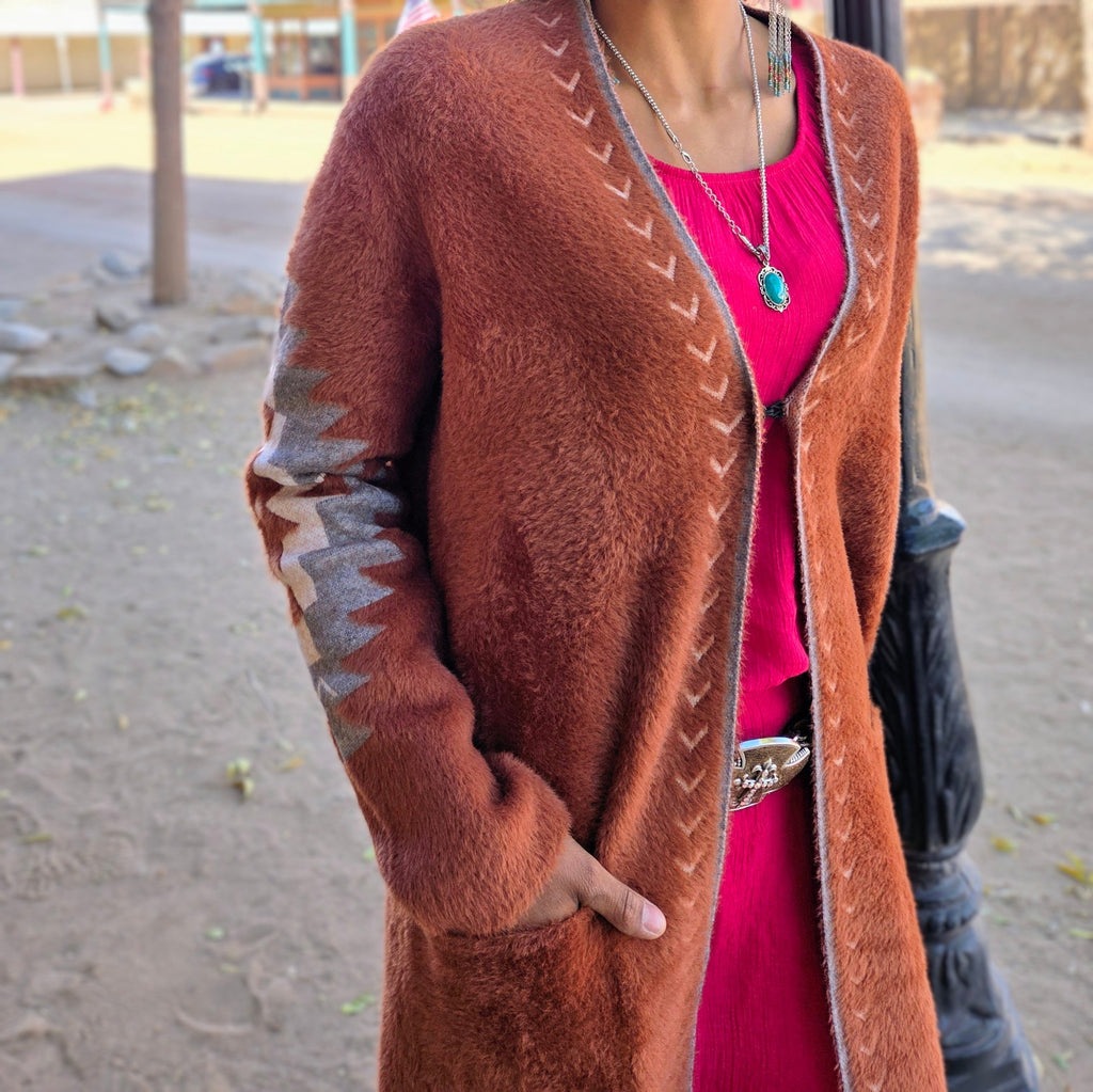 Women's long Cardigan w/ pockets "Christine" by Venario burnt orange  with tan details 