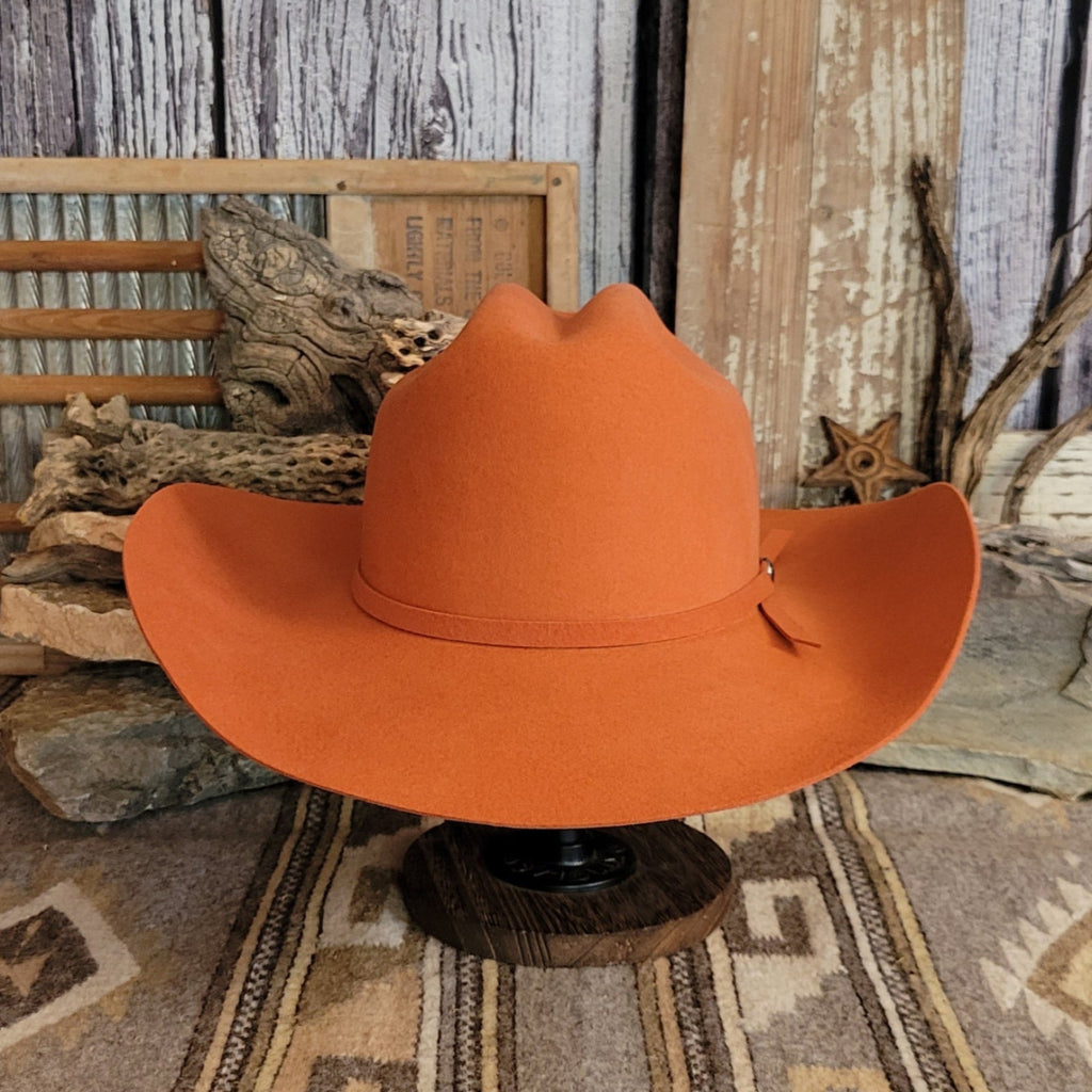 Orange 2X wool felt hat with a wide brim and thin band.