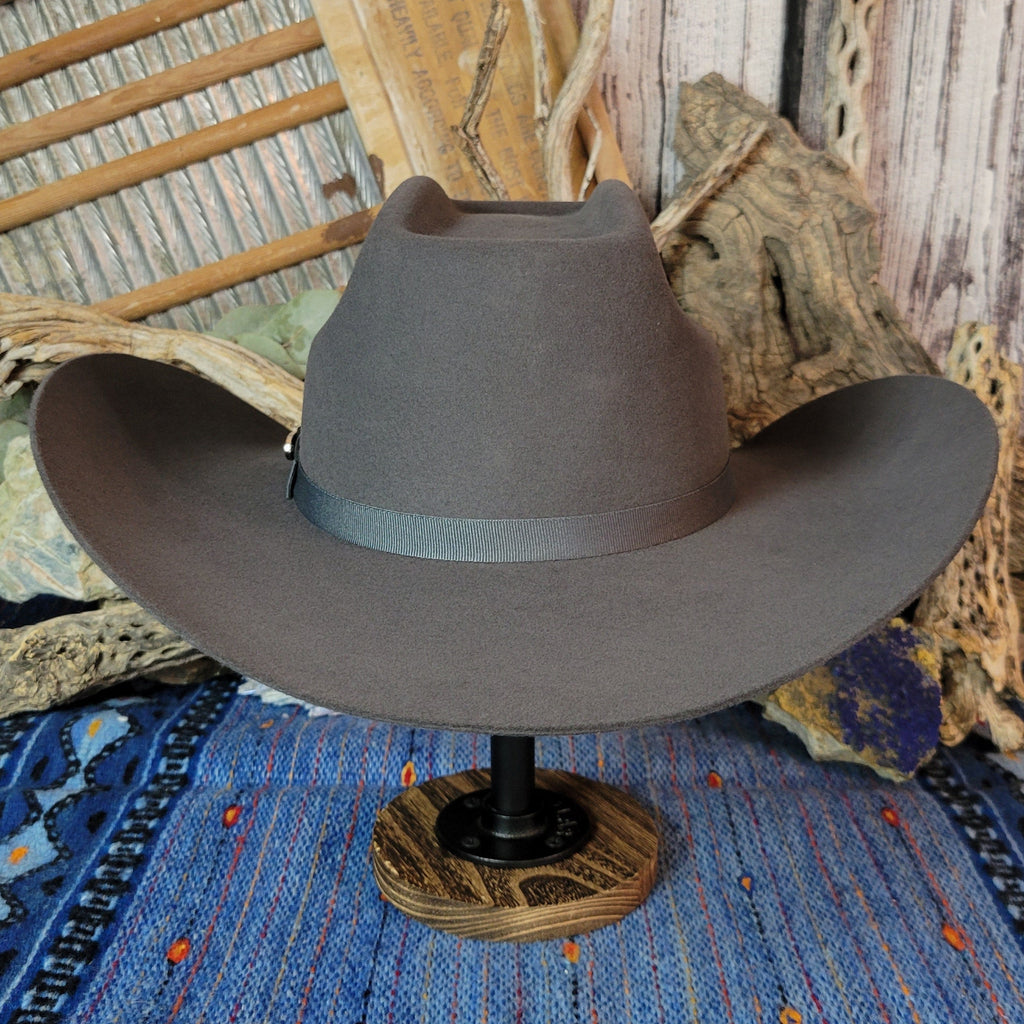Gray wool hat with matching hat band.