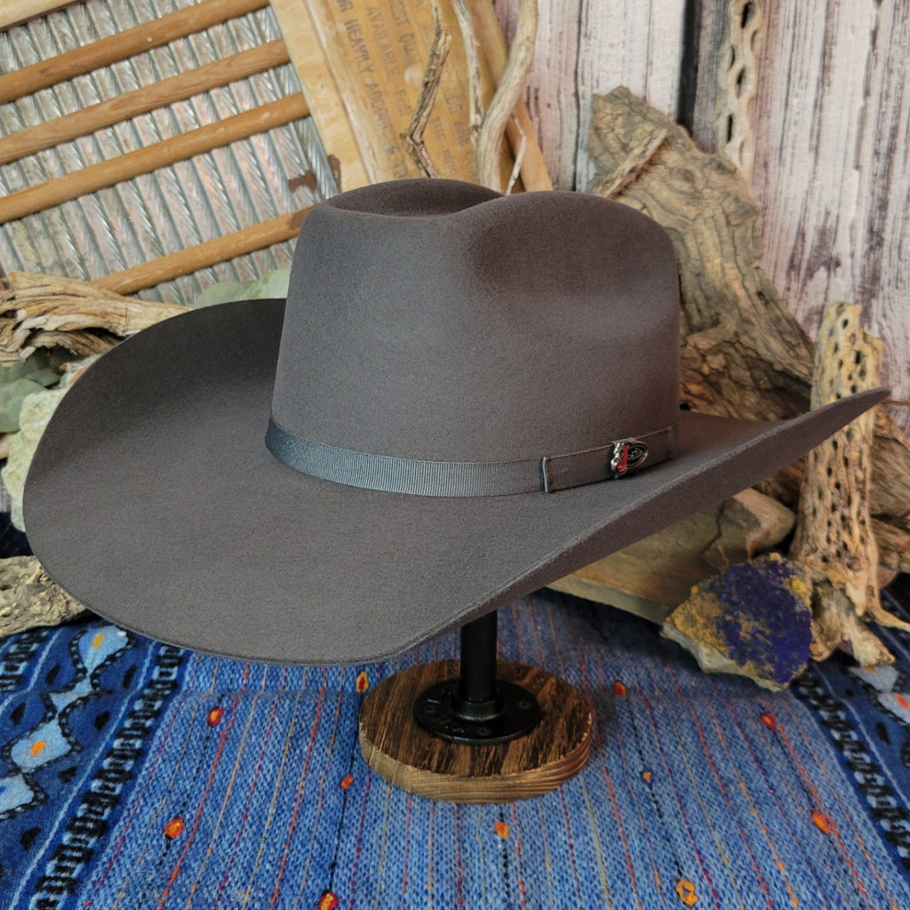 Gray wool hat with matching hat band.