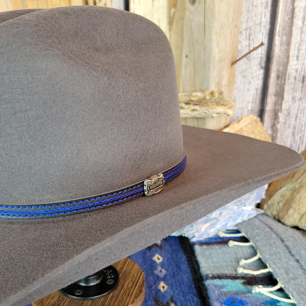 A close-up view of the silver accent on the thin blue band.
