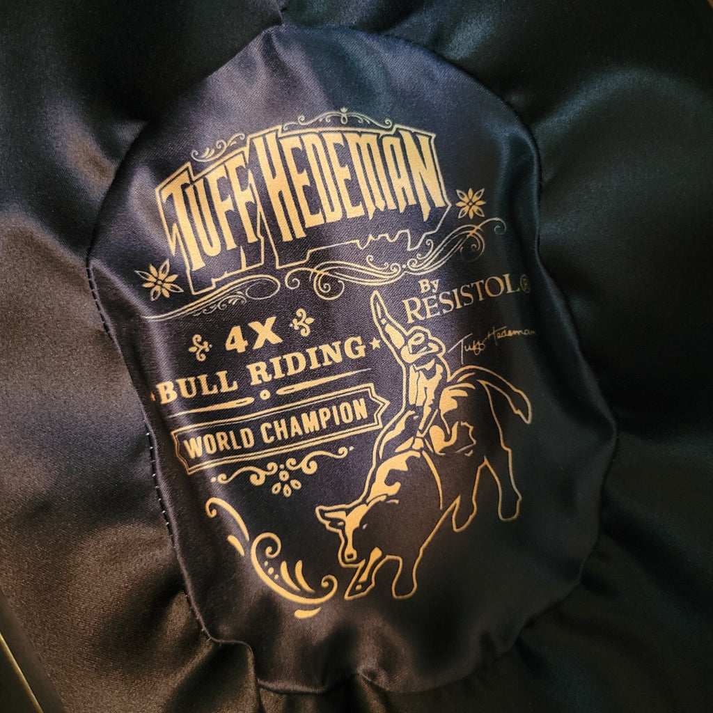 The interior of the satin lined hat is filled with the hat's information and world champion Tuff Hedeman.