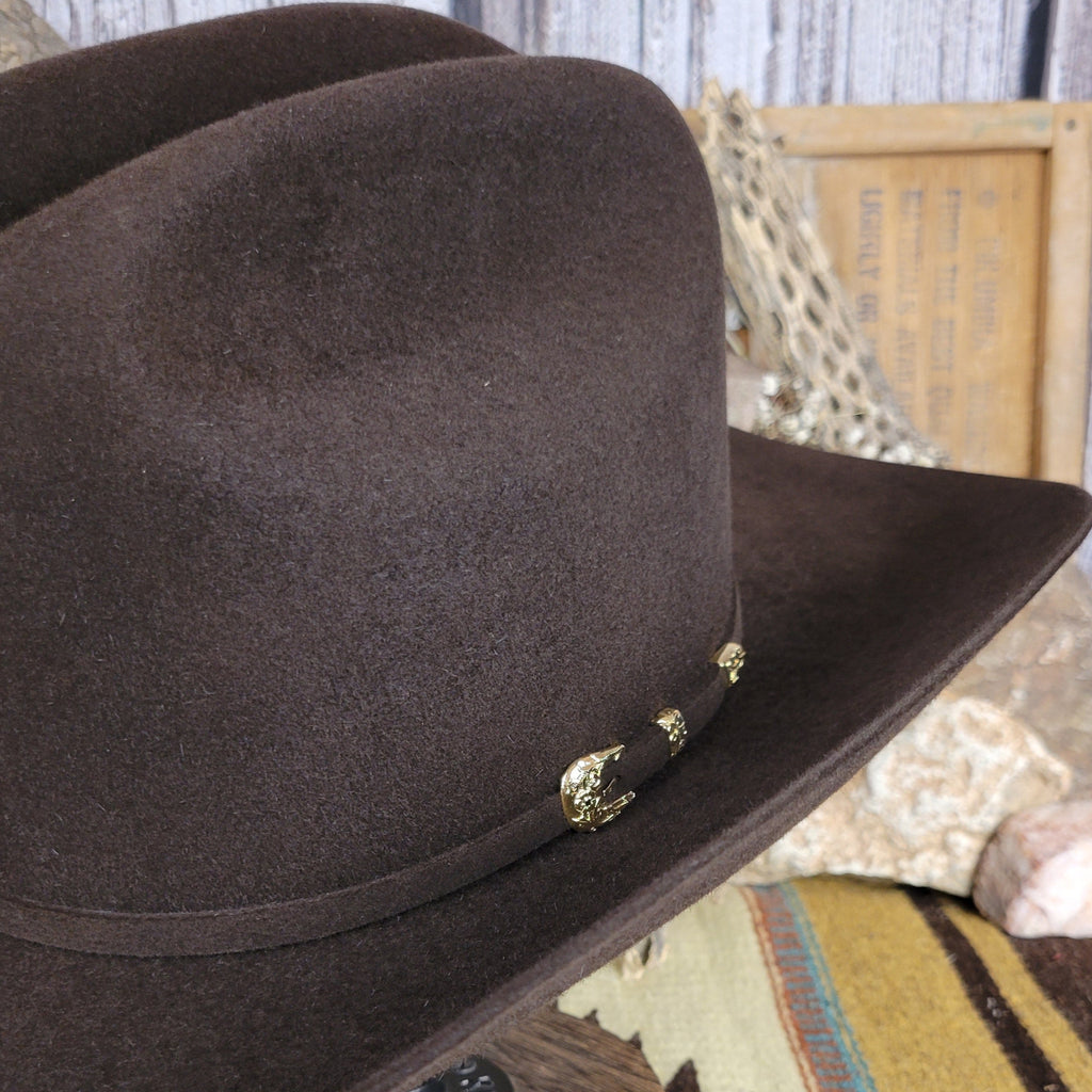 Close-up of the mini gold belt buckle on the hat band.