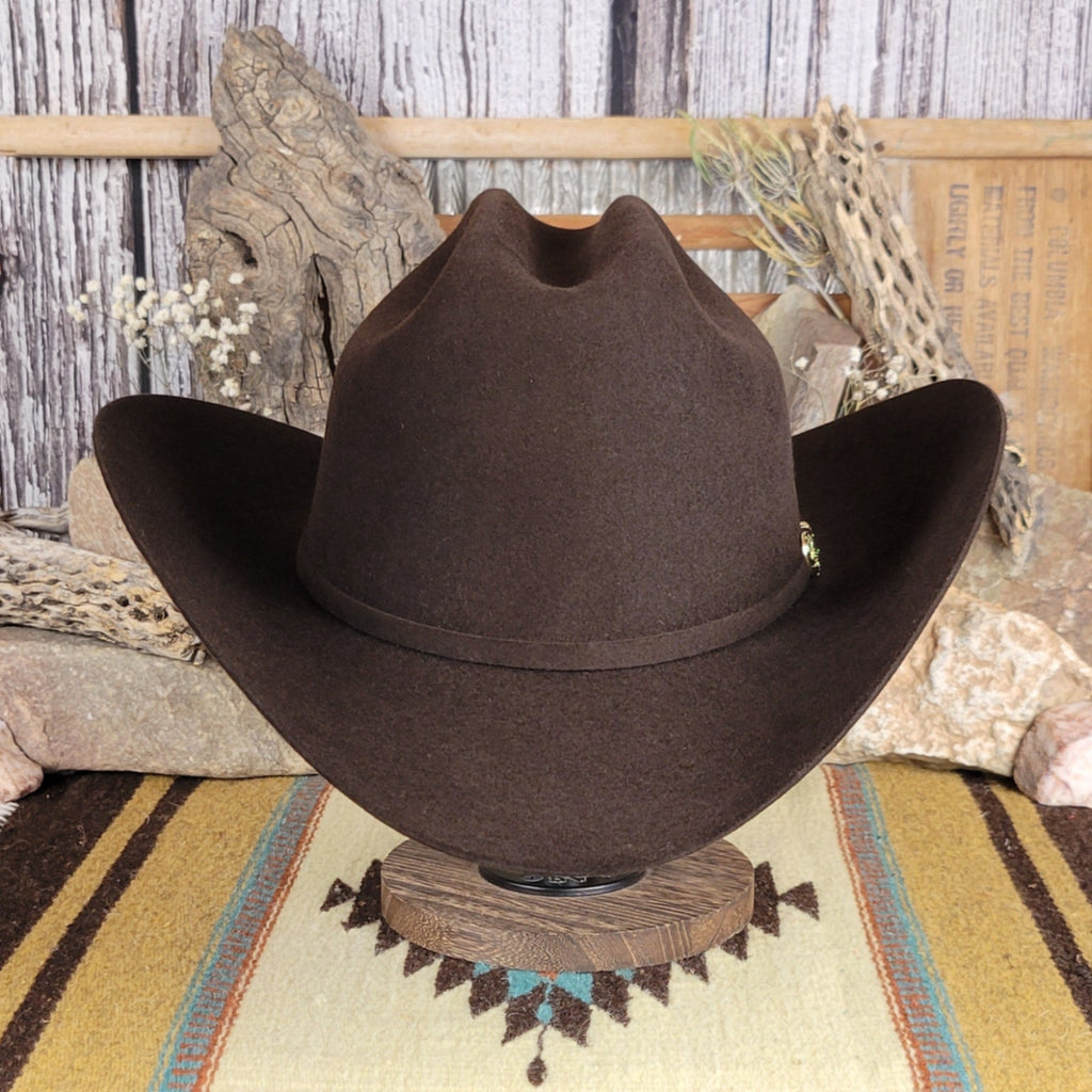 Black fur felt hat with black and mini belt buckle detail on the hat band.