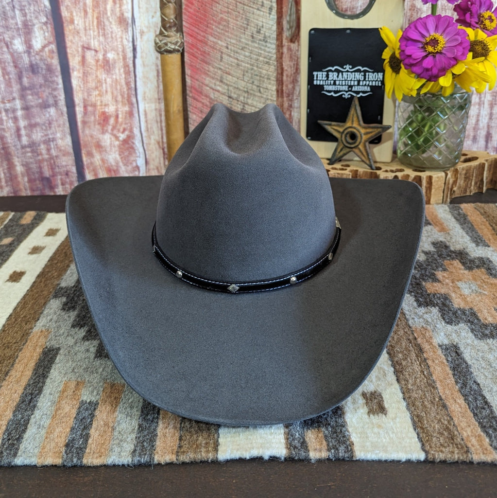 A granite gray fur felt hat with a black leather hat band featuring silver studs.