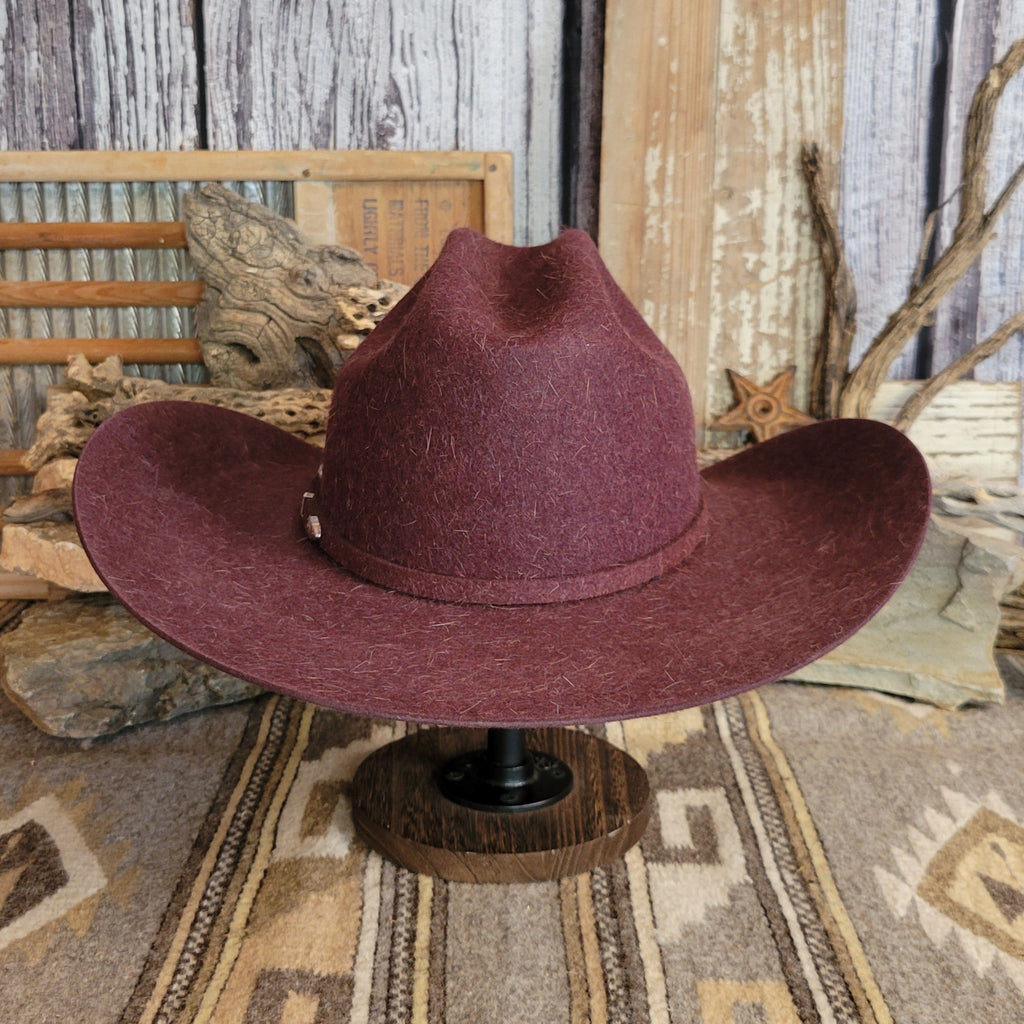 Burgundy 6X fur felt hat with a wide brim and cattleman's crease crown.