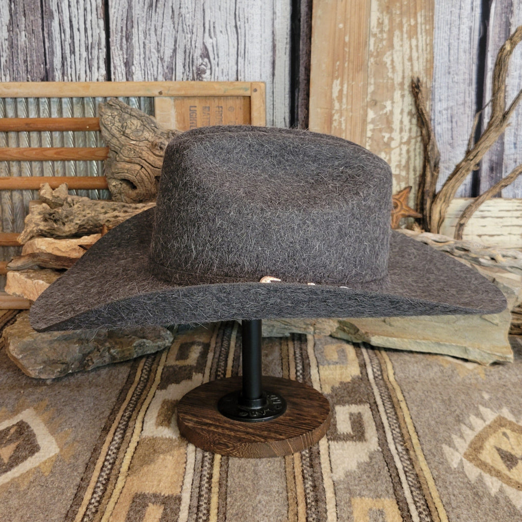Gray fur felt hat, showcasing its sturdy wide brim and structured crown.
