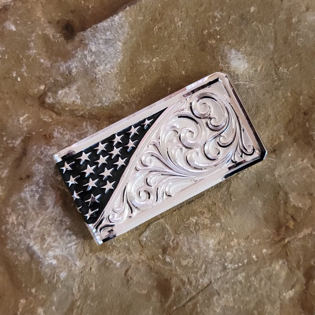 American Made Money Clip "Wings of liberty" by Montana Silversmiths AMMCL5825-SVNF Front View..