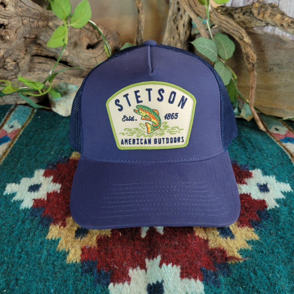 Blue cap with Stetson logo and bass fish patch.