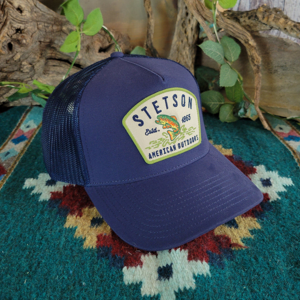Blue cap with Stetson logo and bass fish patch.