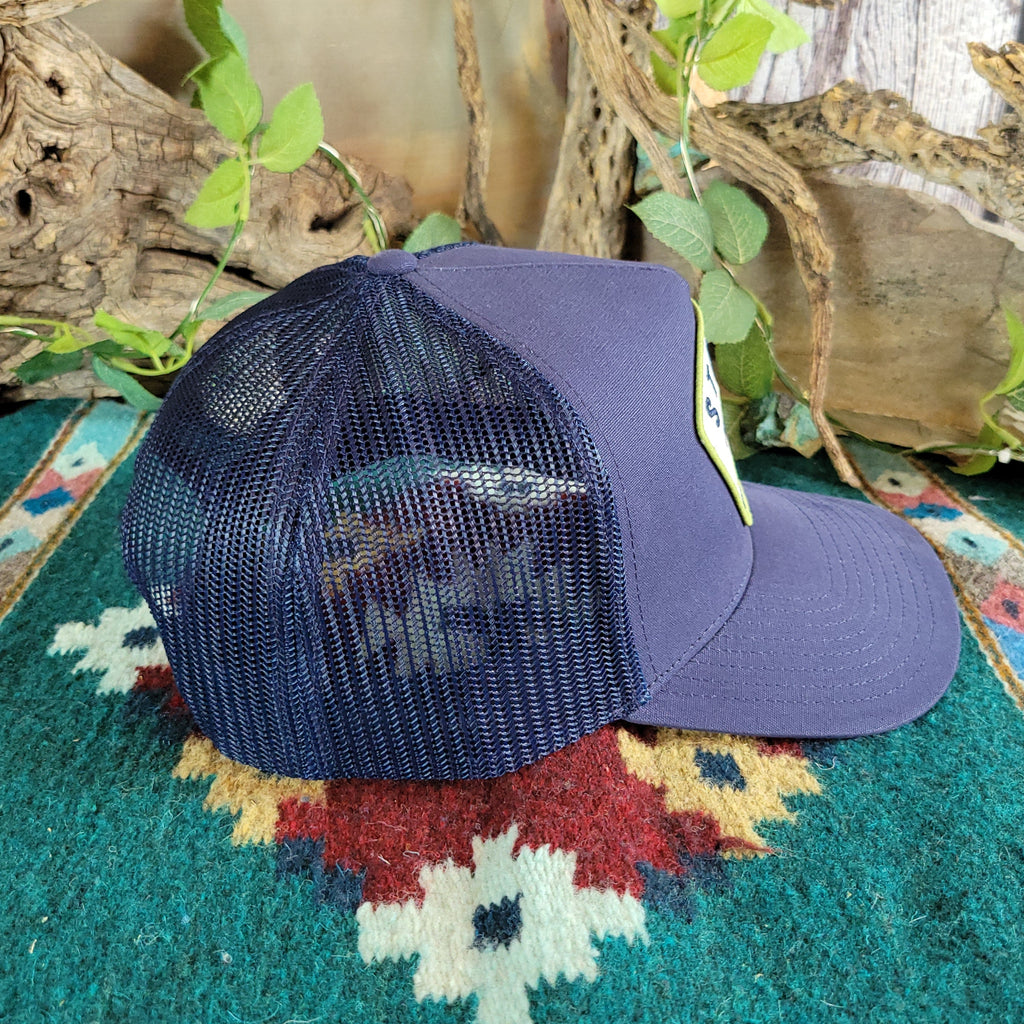 Side view of the blue mesh paneling.