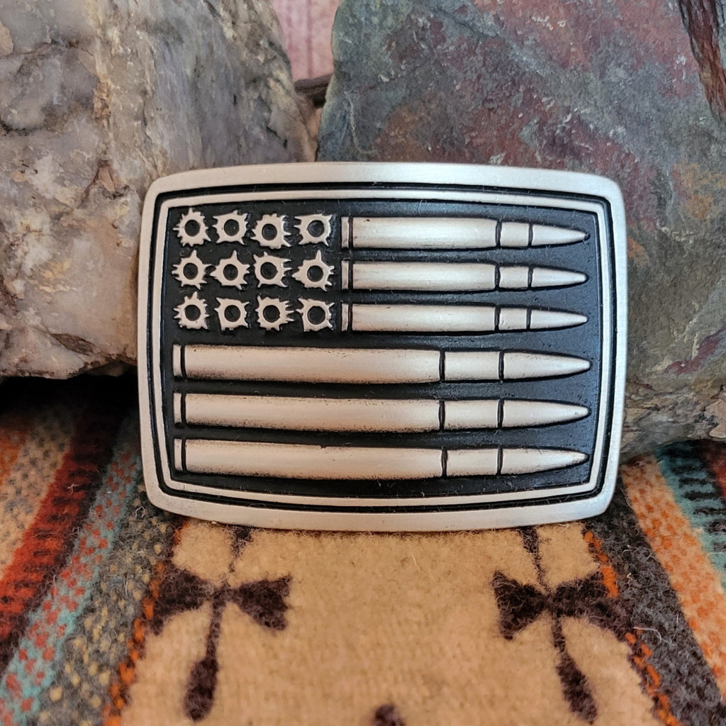 Belt Buckle "Silver Bullet Flag" by Montana Silversmiths A709P Front View