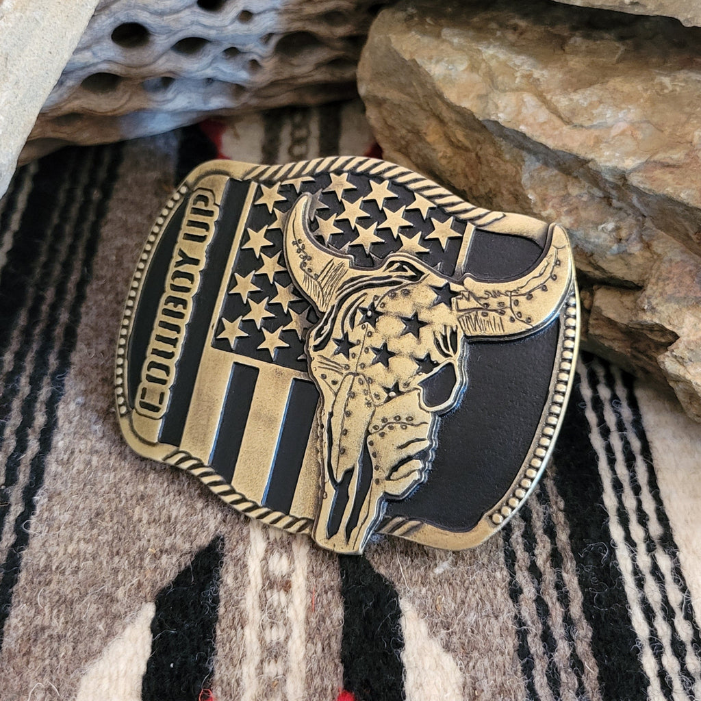 Belt Buckle "Skull Cowboy Up" by Attitude Buckles A713C Side View2