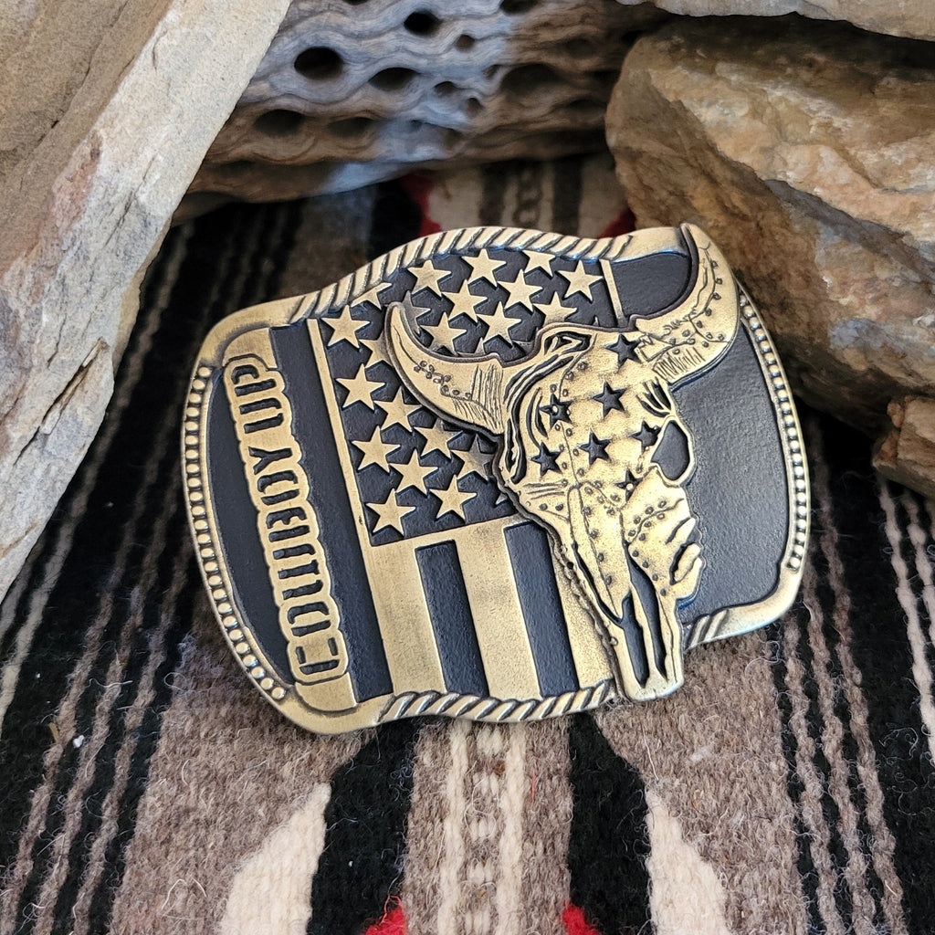 Belt Buckle "Skull Cowboy Up" by Attitude Buckles A713C Side View
