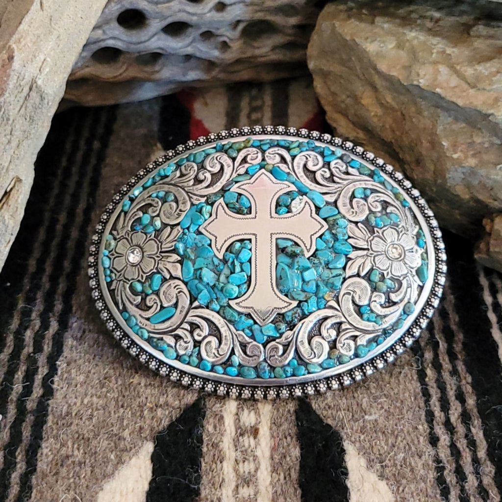 Belt Buckle "Turquoise Cross" by Blazin Roxx 37914 Front View