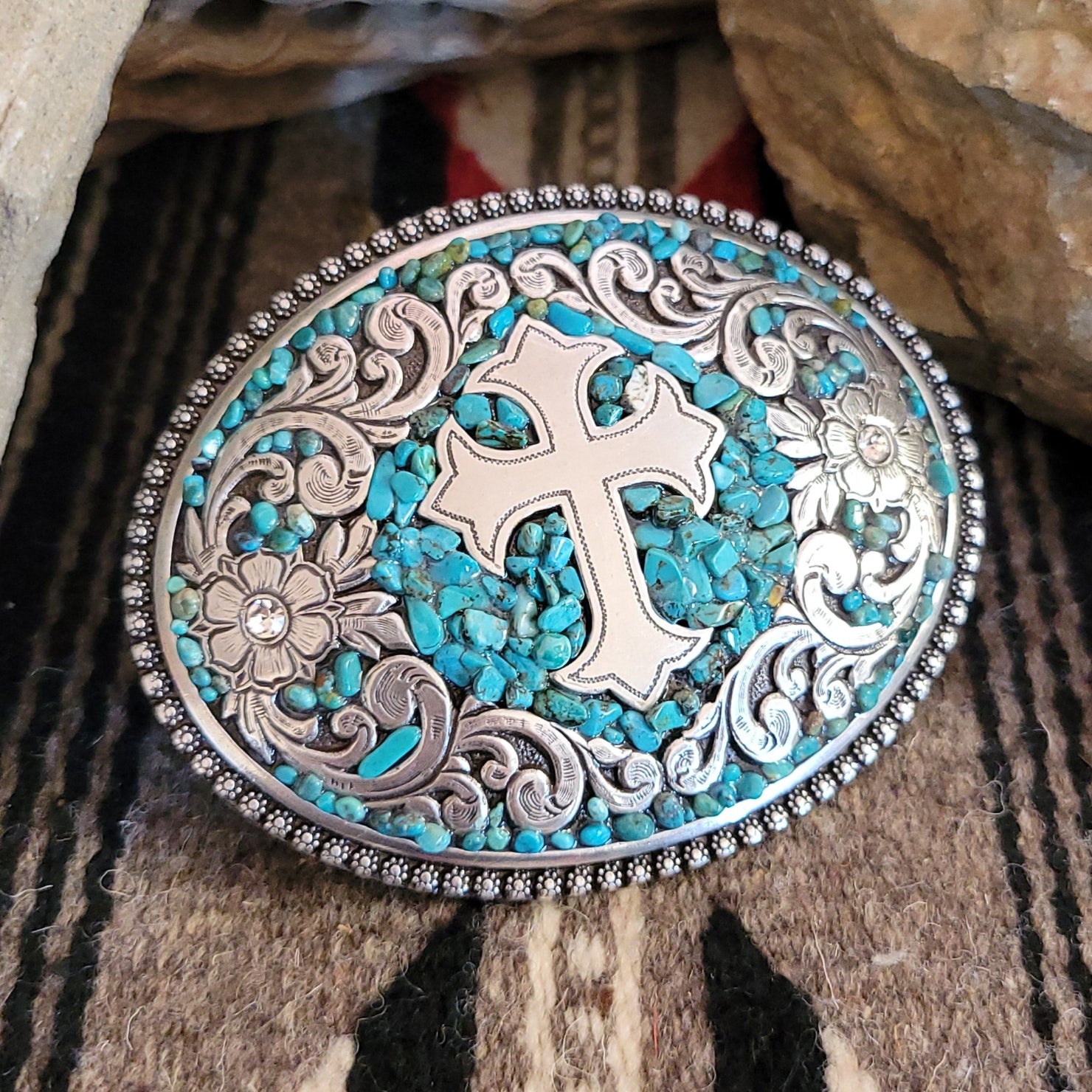 Natural Blue Agate & Rhinestone Cross Buckle Belt Buckle / Cabochon Paisley Blue / Swarovski Crystals  main image 2