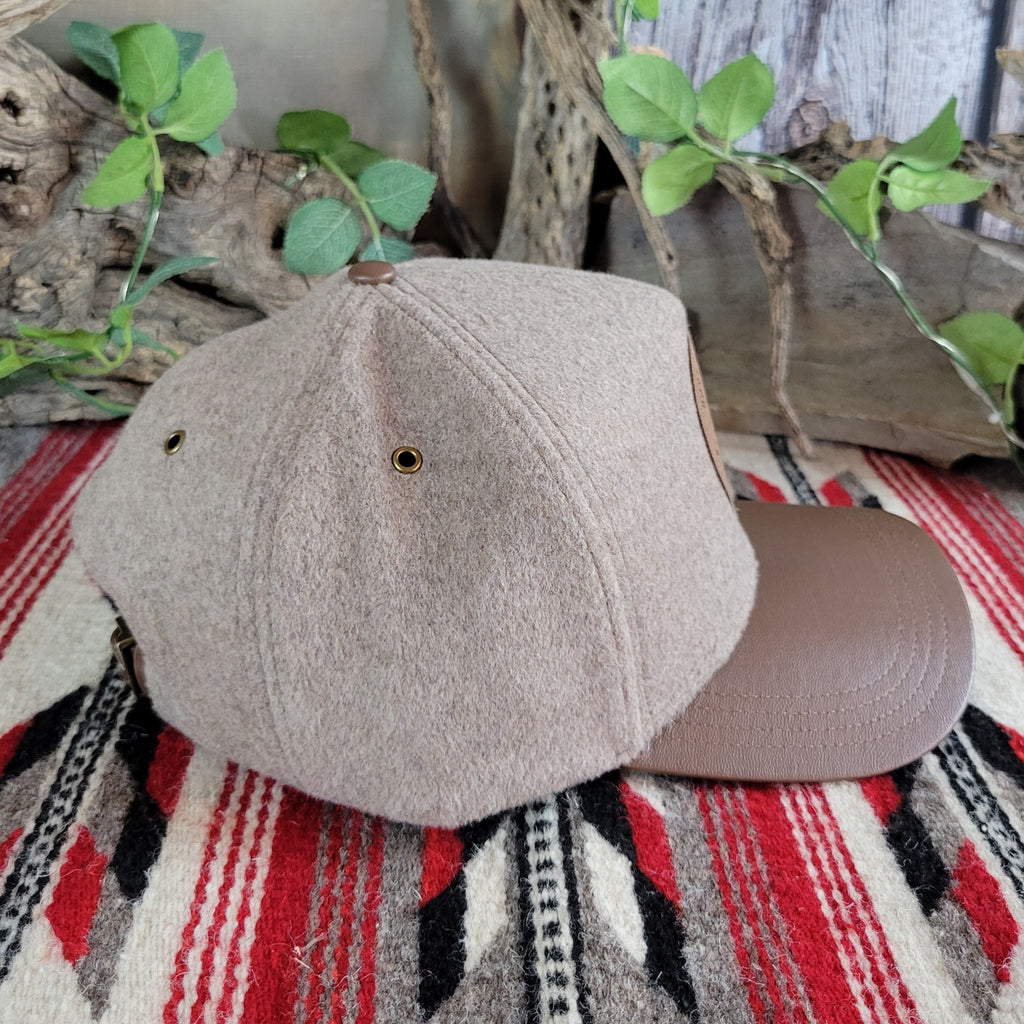 Gray wool panels of the cap.