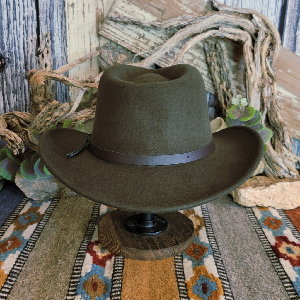 Olive wool hat with sleek leather band.