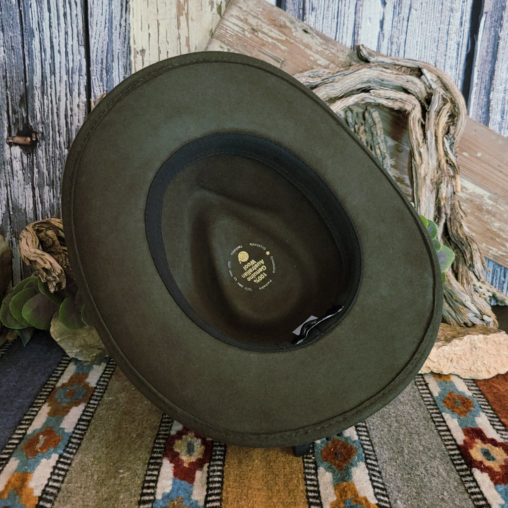 The interior of the olive hat has a black sweatband.
