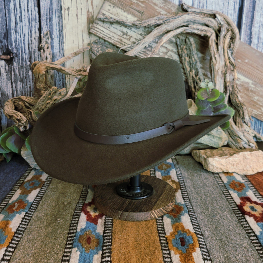 Olive wool hat with sleek leather band.
