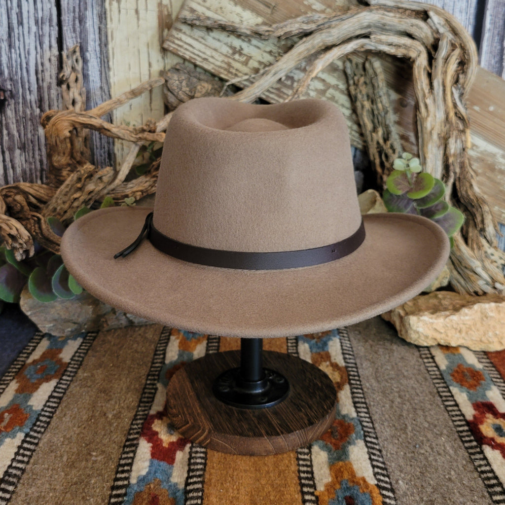 Putty colored hat with a black band.