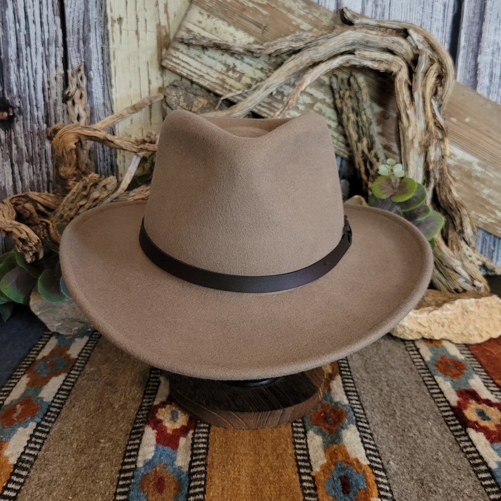 Putty colored hat with a black band.