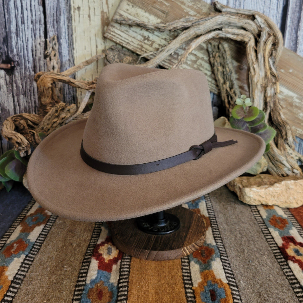 Putty colored hat with a black band.