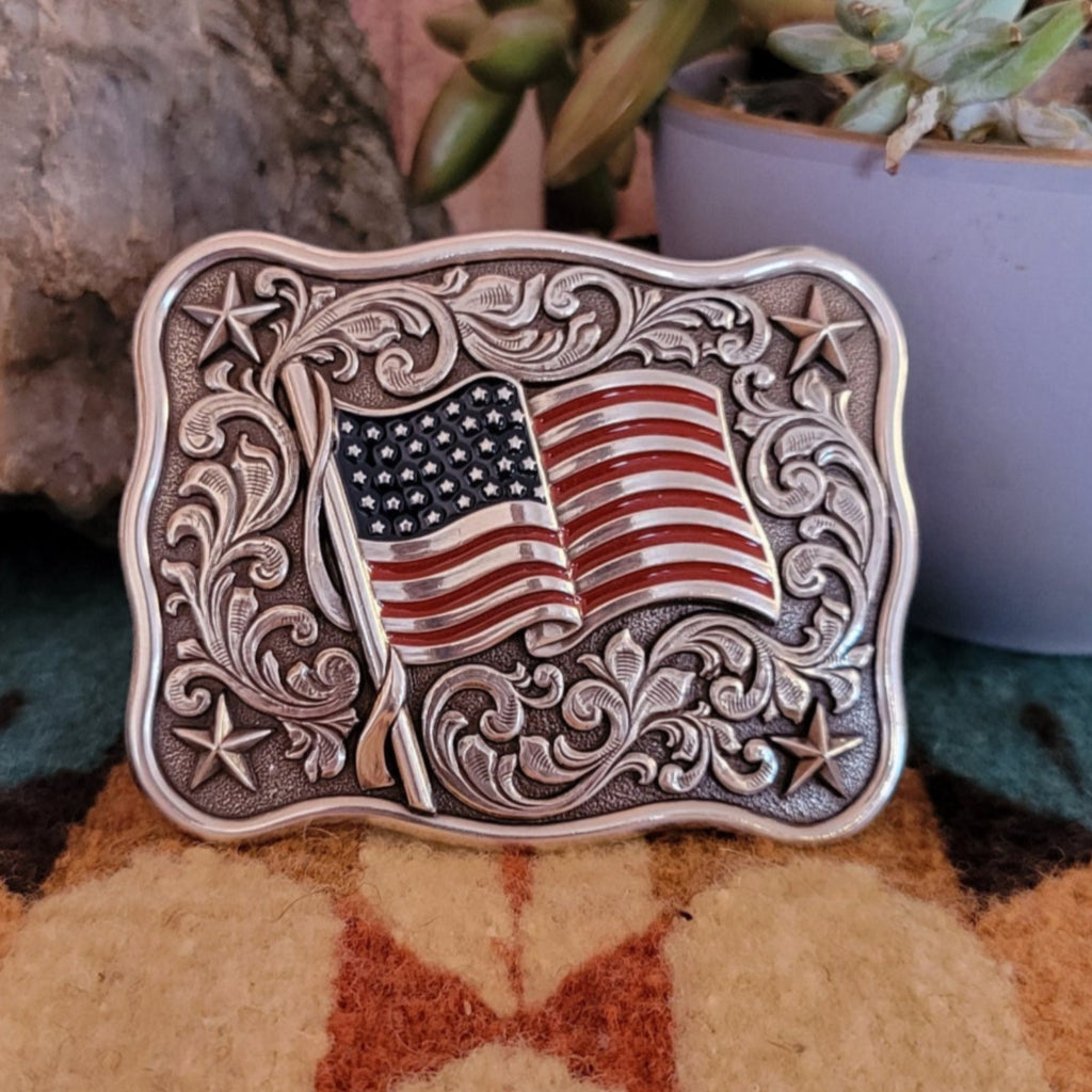 "Flag Scrolling" Belt Buckle by Nocona   37702 Front View