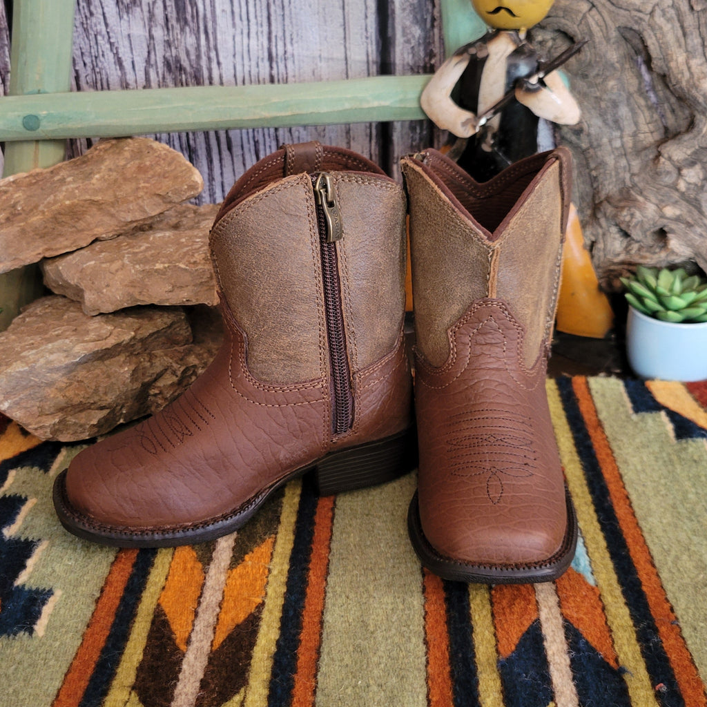 Tan leather booties with a two-tone finish and subtle stitched detailing along the shaft.