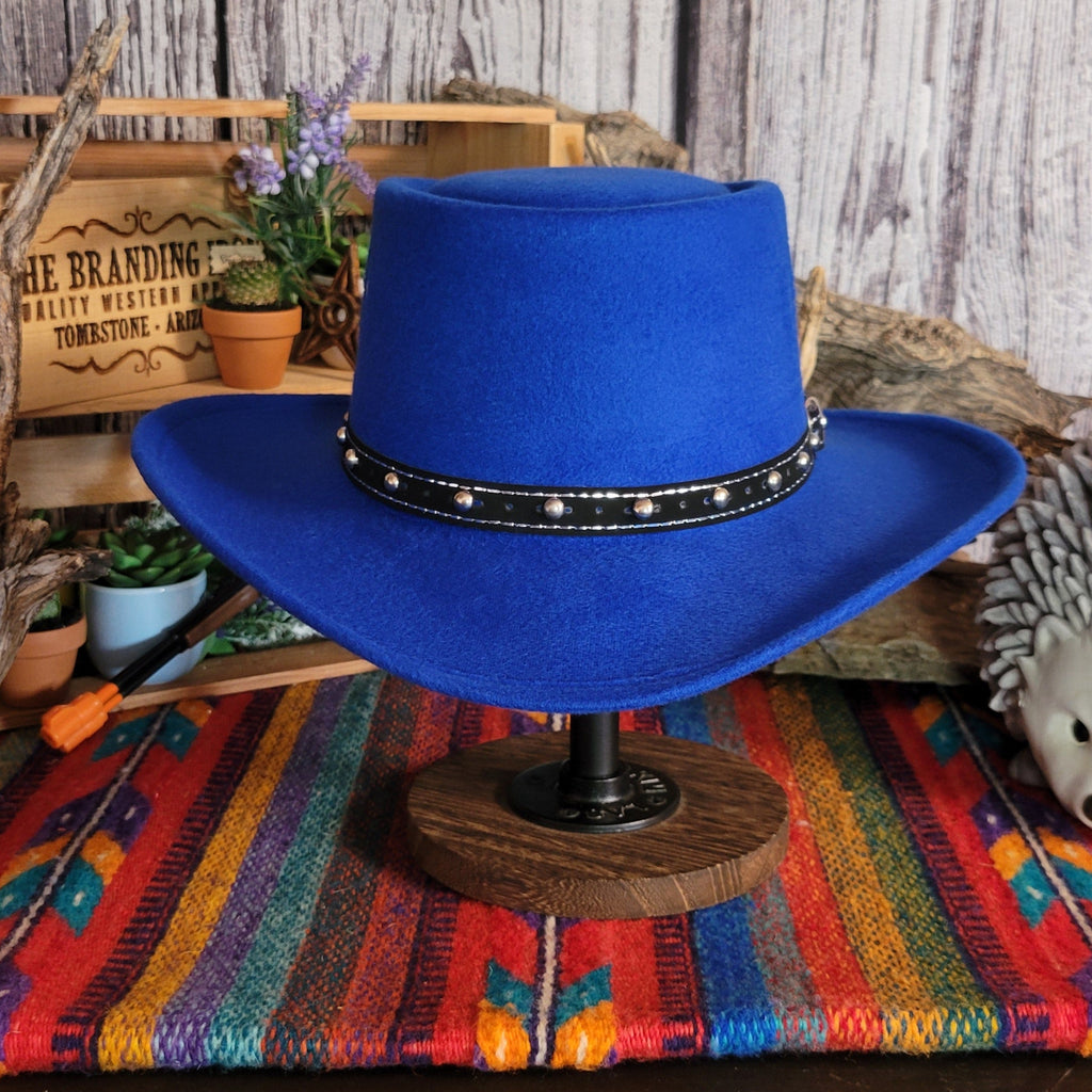 Blue wool felt hat featuring a black studded hat band.