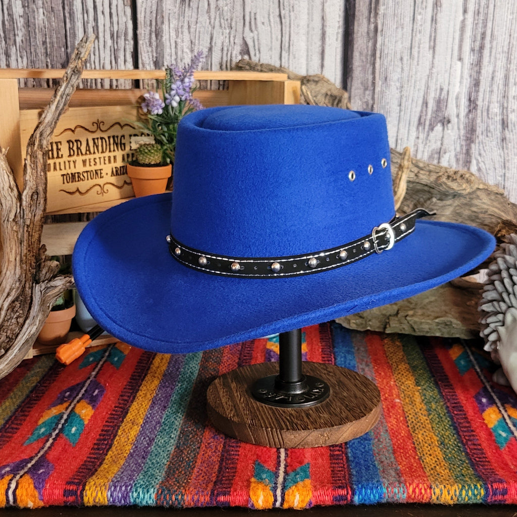 Blue wool felt hat featuring a black studded hat band.