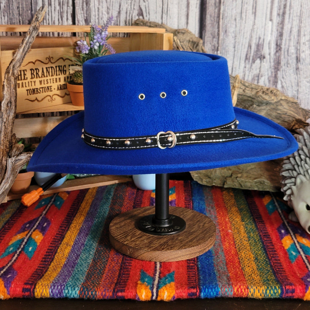 Blue wool felt hat featuring a black studded hat band.