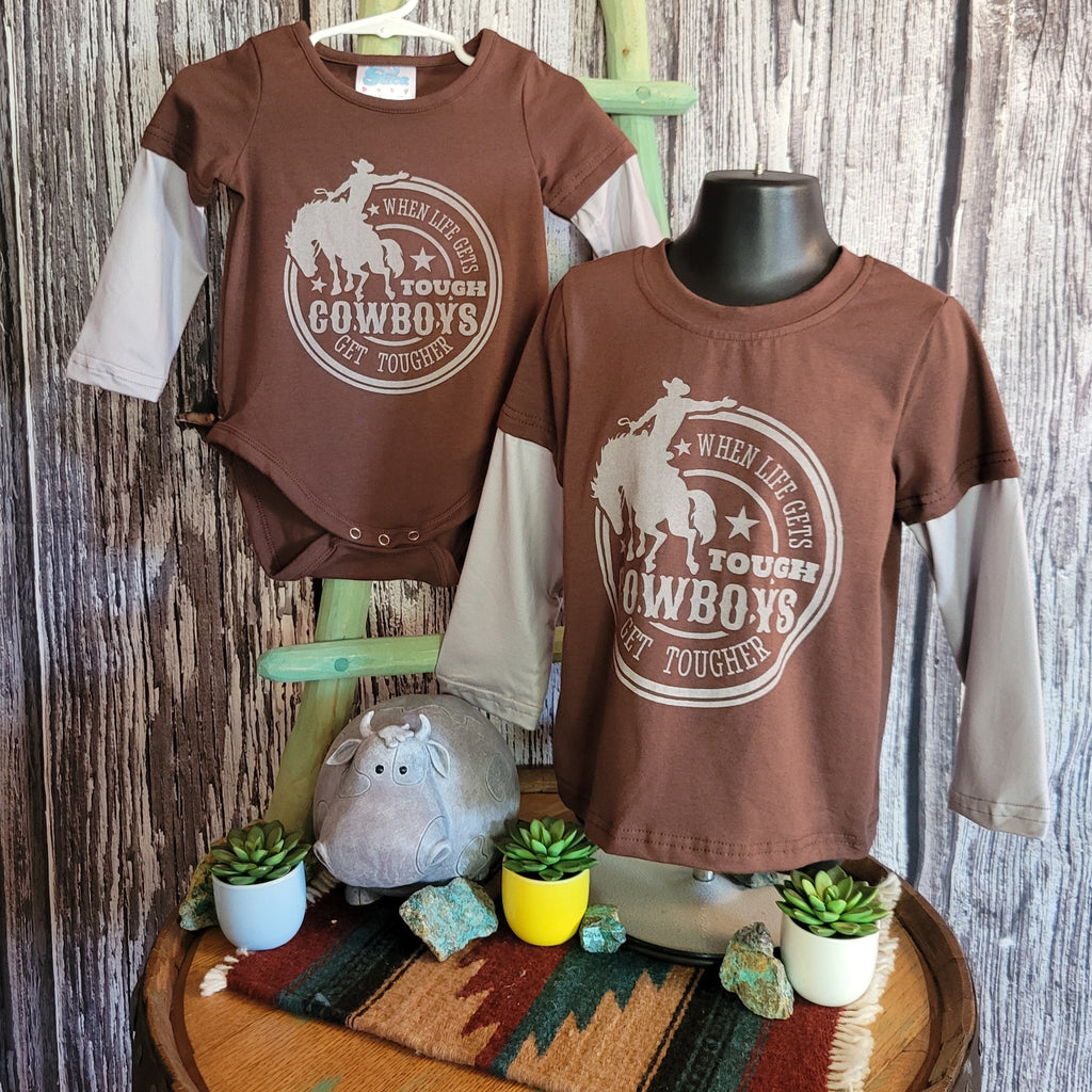 Front view of both the onesie and kids' shirt.