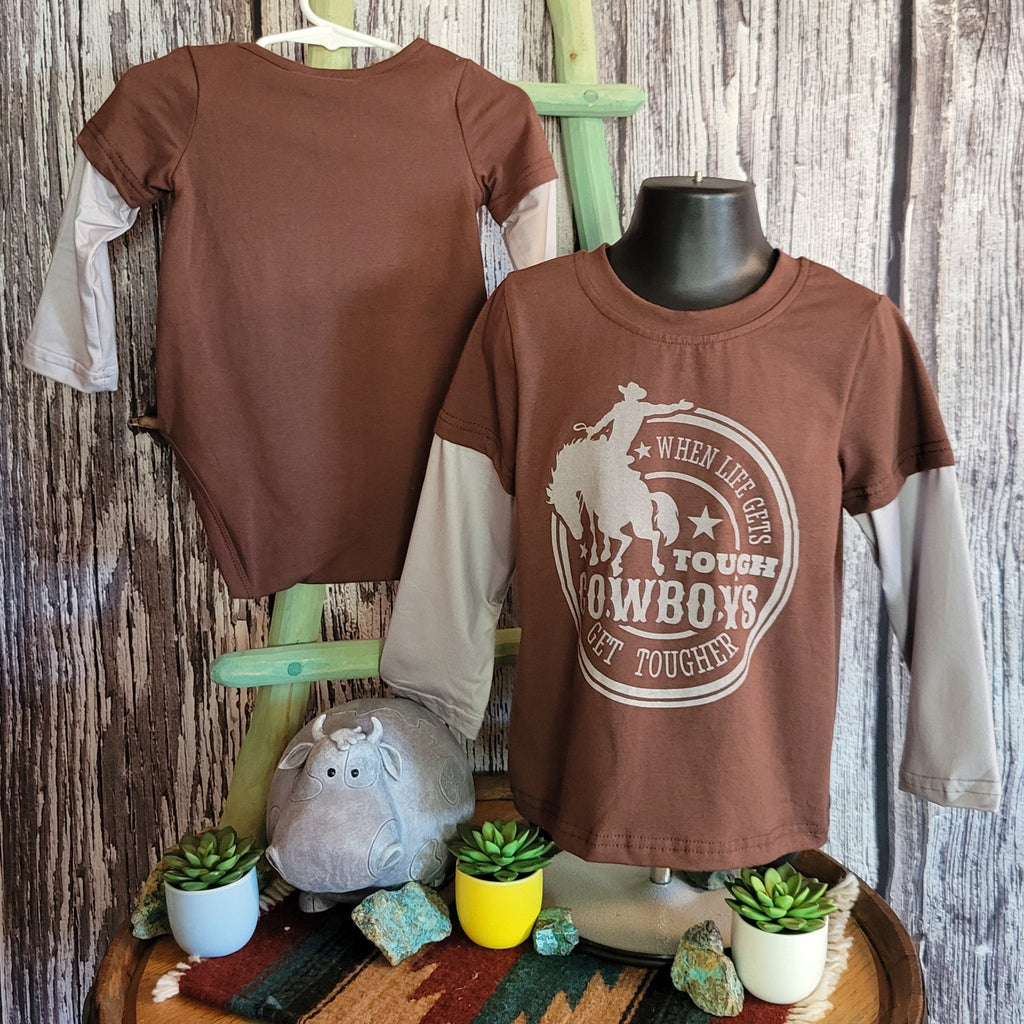 Back view of onesie and front view of shirt.