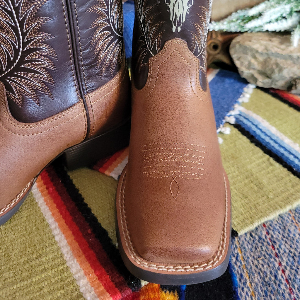 A close-up of the square toe boot.