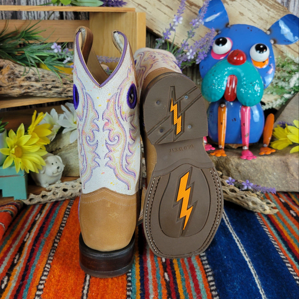 Kid's leather boots with blue stitching and white shaft and rubber sole featuring orange lightning bolts.