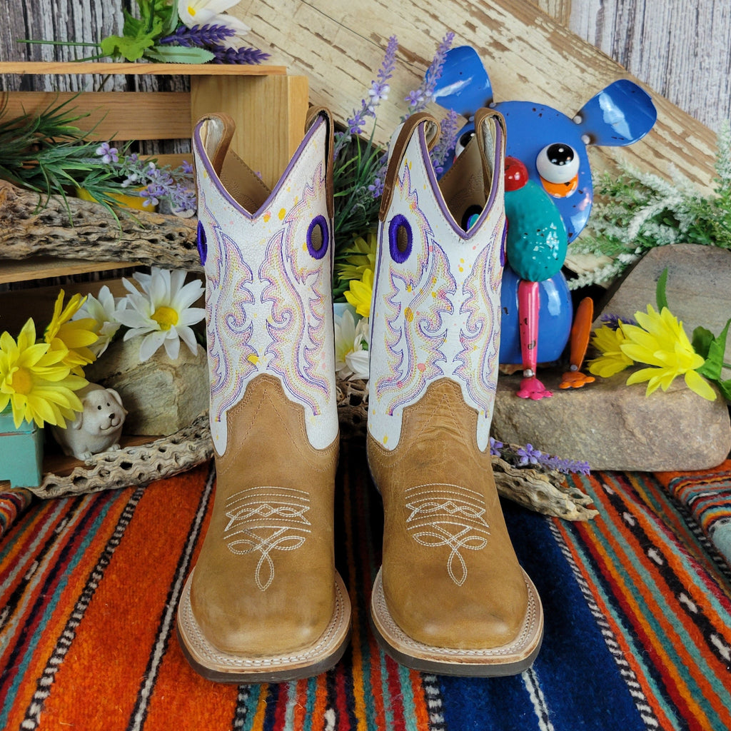 Kid's leather boots with blue stitching and white shaft.