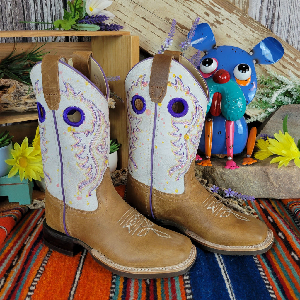 Kid's leather boots with blue stitching and white shaft.